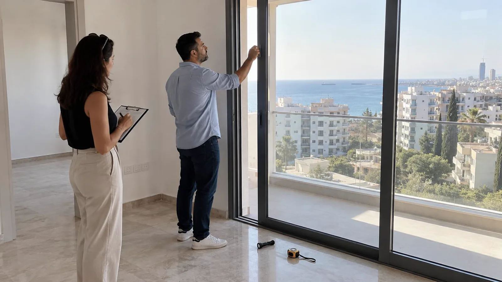 A couple inspecting a new apartment in Limassol during a pre-purchase walkthrough, checking a window and keeping a checklist