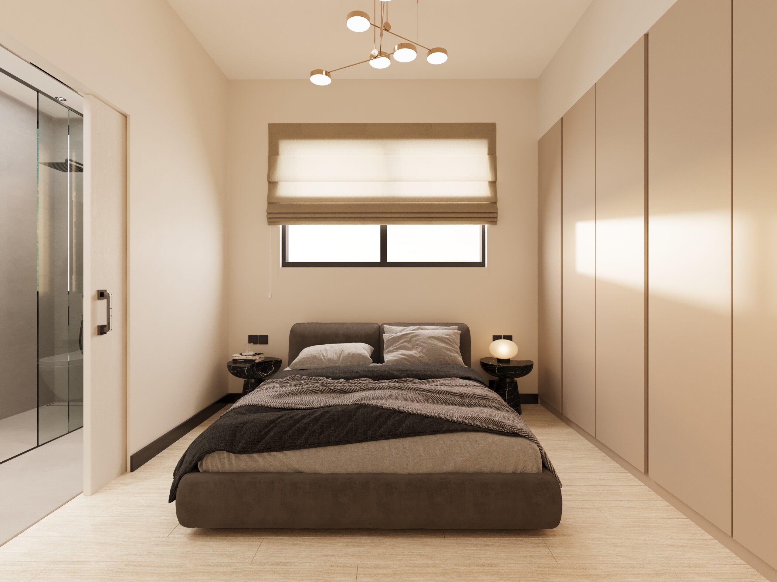 Bedroom interior render with fitted wardrobes at ELOS Residences