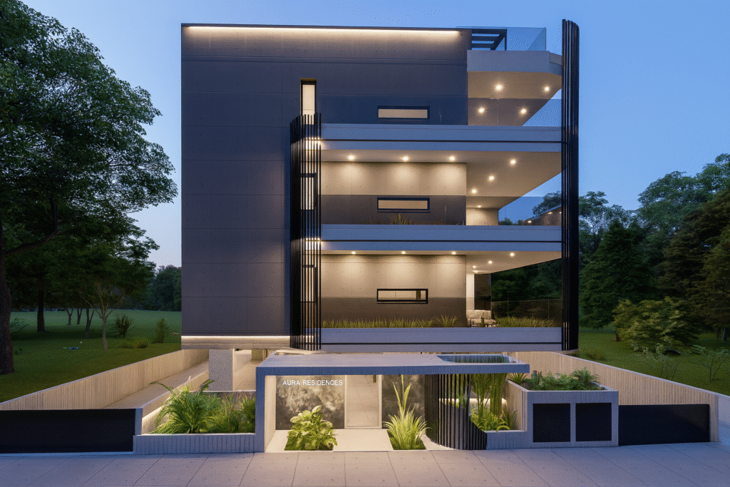 Evening exterior render of ÁURA Residences