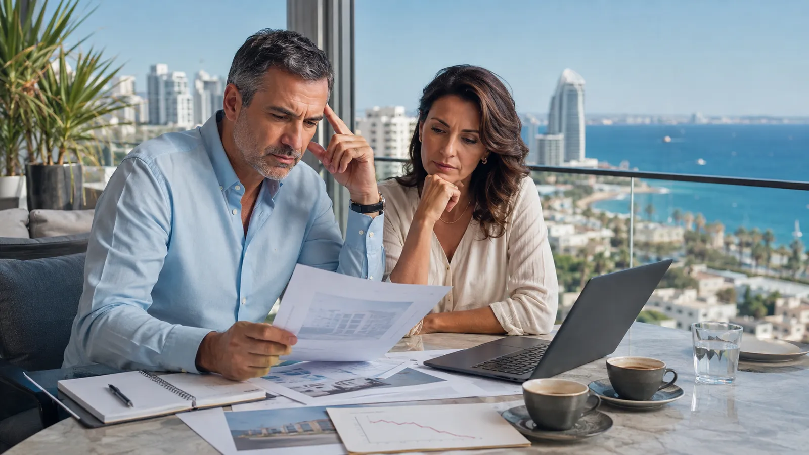 Prospective property buyers reviewing Cyprus property documents and plans