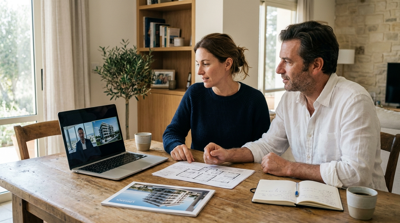 International buyers reviewing Cyprus apartment floor plans and a project brochure during a video call with a BERKOS representative