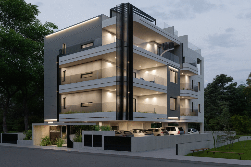 Street level exterior render of ÁURA Residences