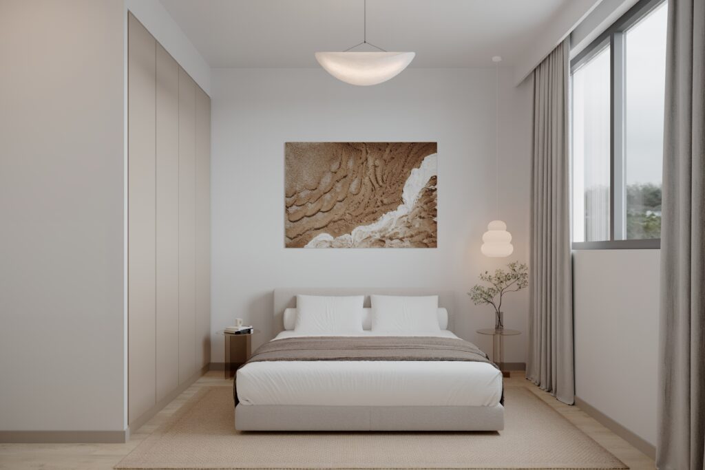 Bedroom render with natural light at ÁURA Residences