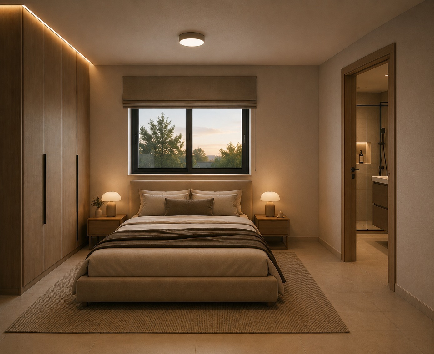 Main bedroom render with en suite access at ELOS II Residences