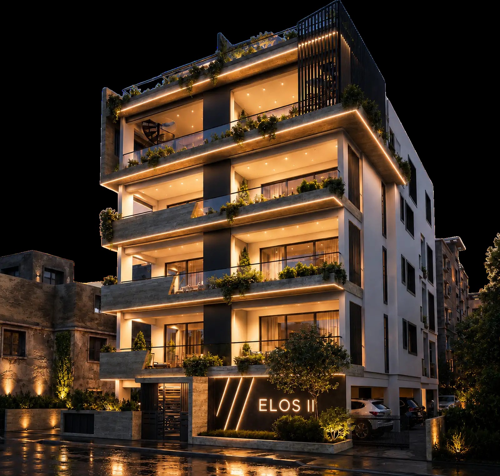 Evening exterior render of ELOS II Residences seen from the street corner