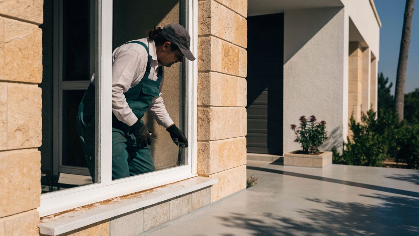 Maintenance worker inspecting a window frame and sill on a stone-clad property