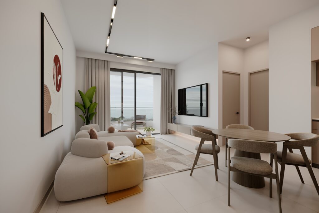 Open plan living space render at ÁURA Residences