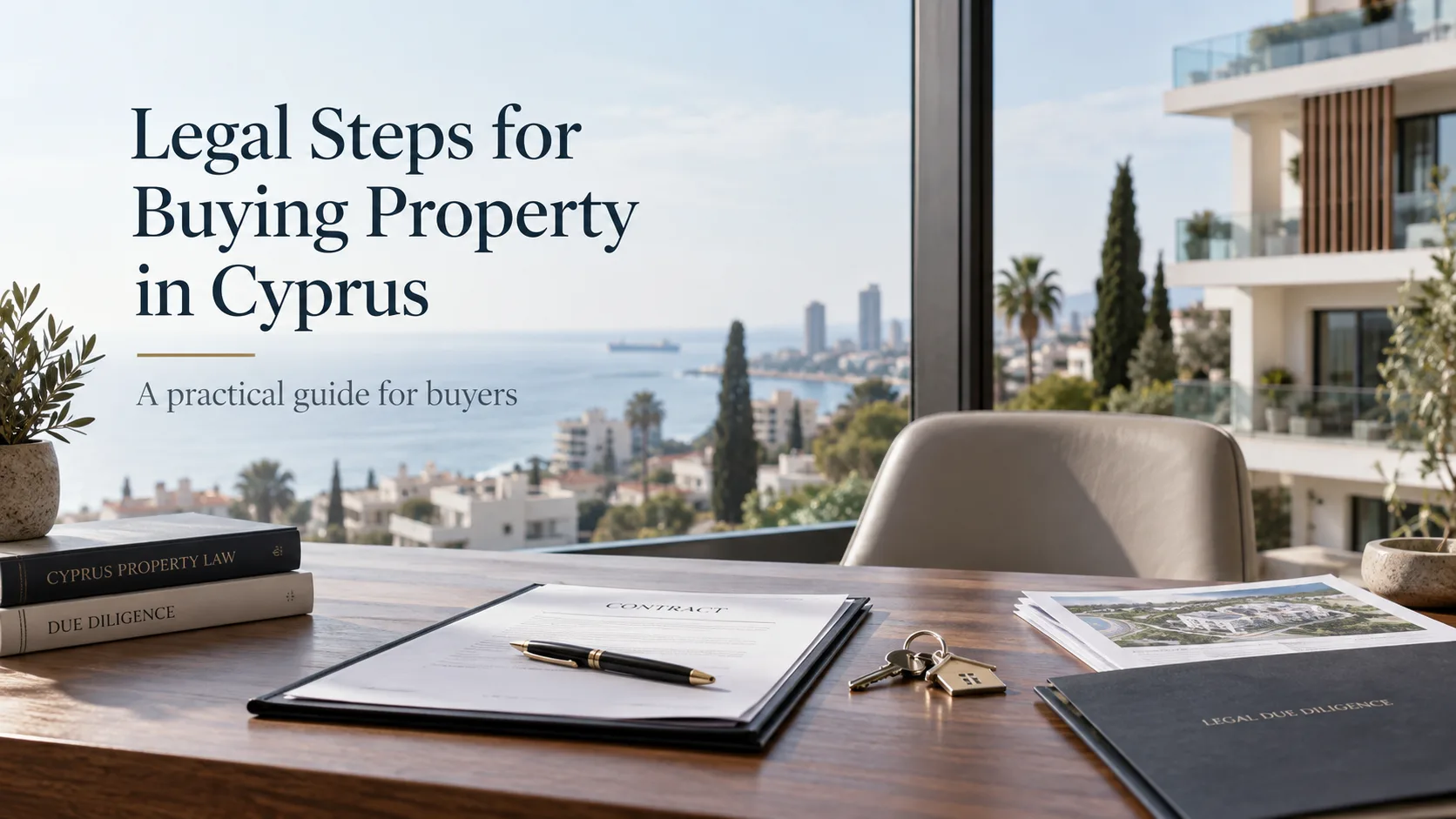 Property purchase contract and documents on a desk in Cyprus