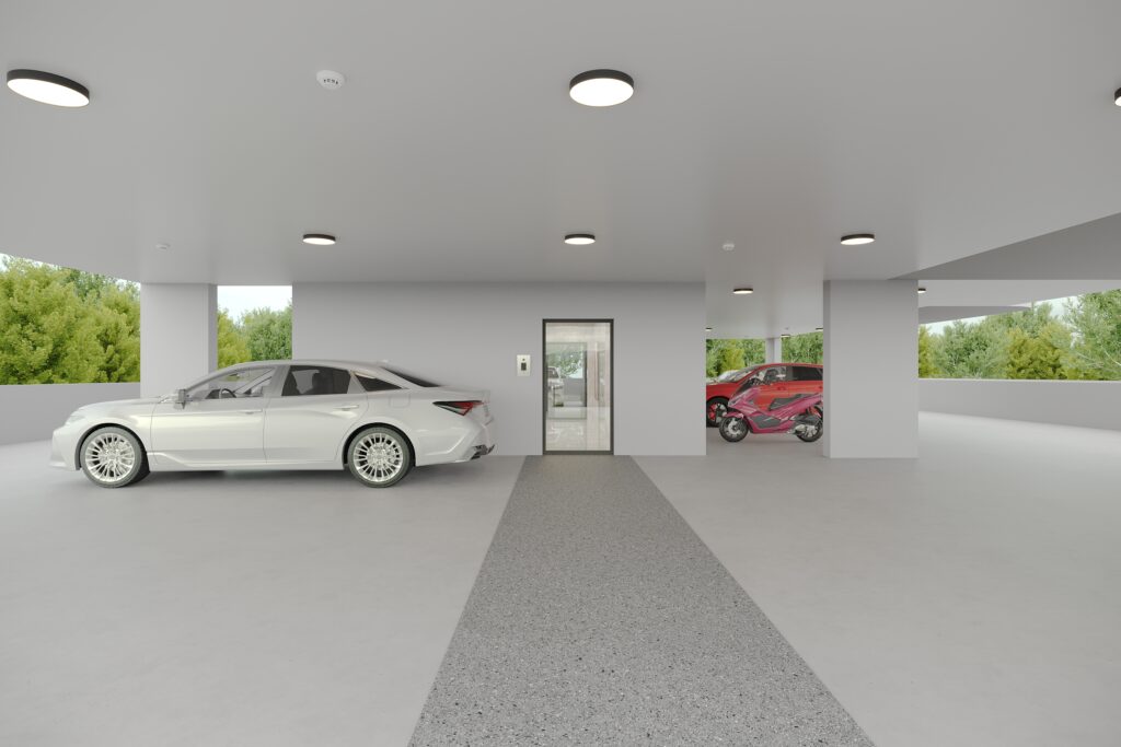 Parking level render at ÁURA Residences