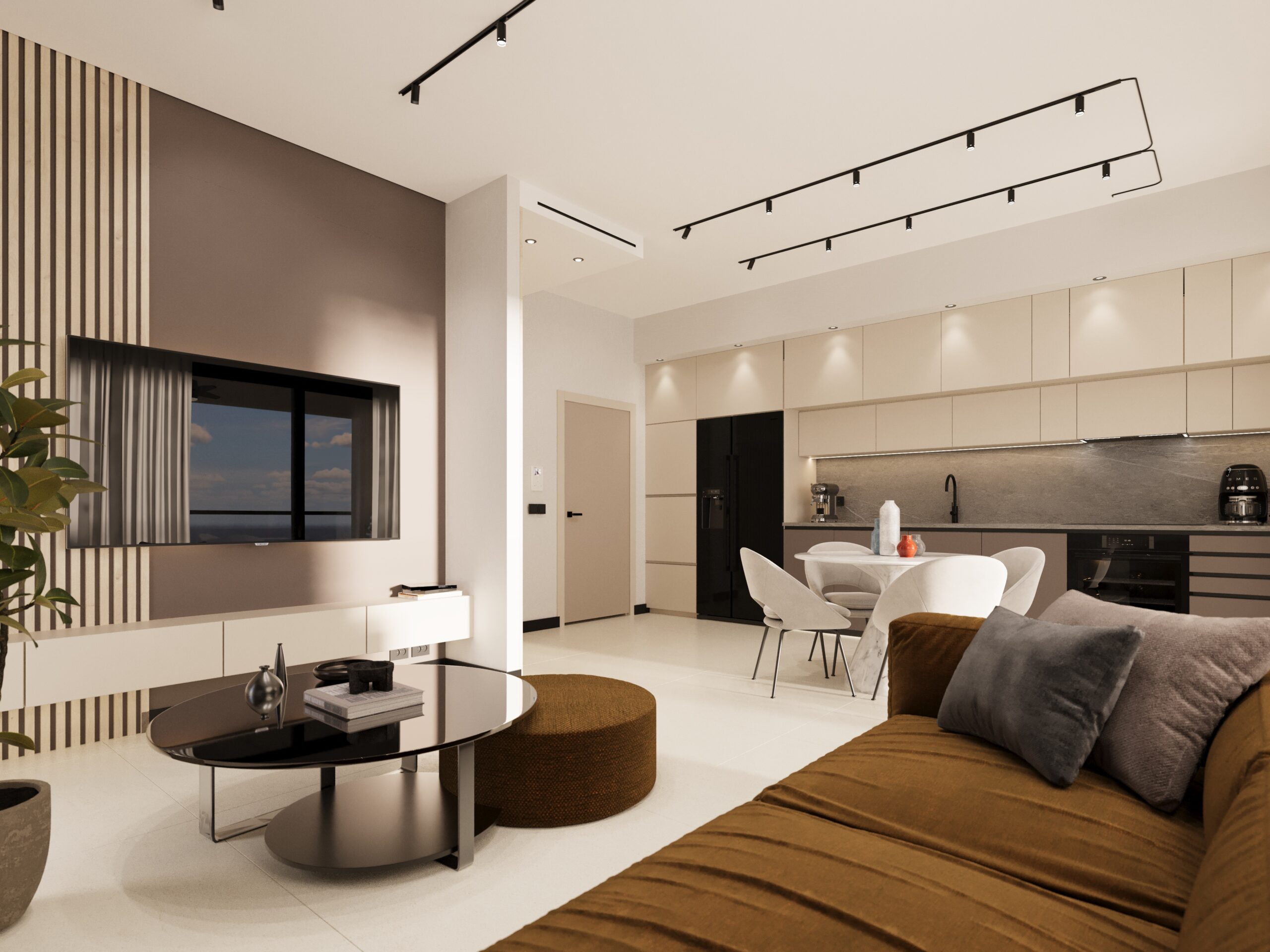 Open plan living, kitchen and dining interior render at ELOS Residences