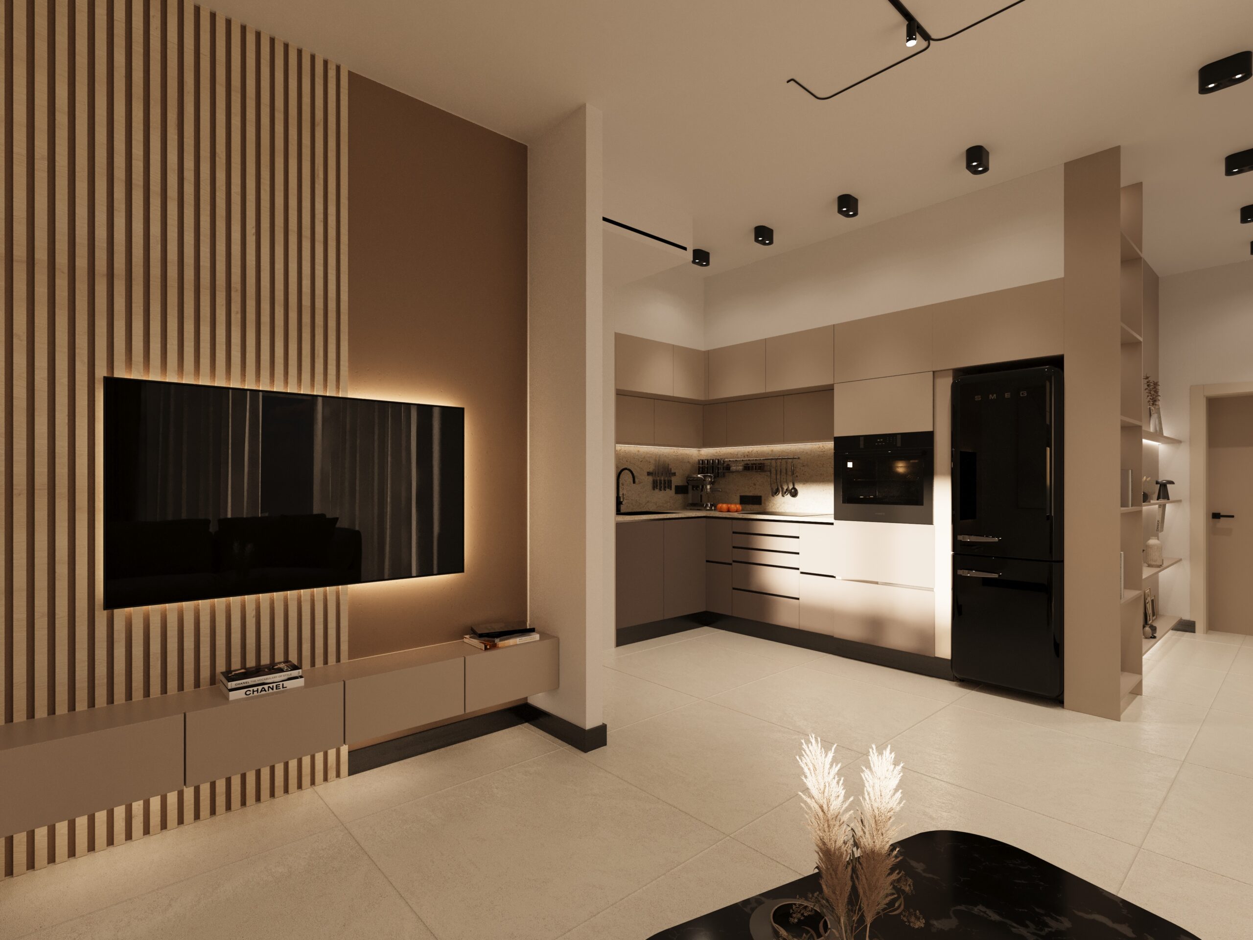Living area interior render at ELOS Residences