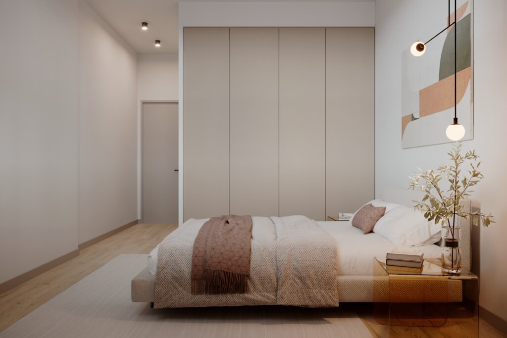 Bedroom render with fitted wardrobes at ÁURA Residences