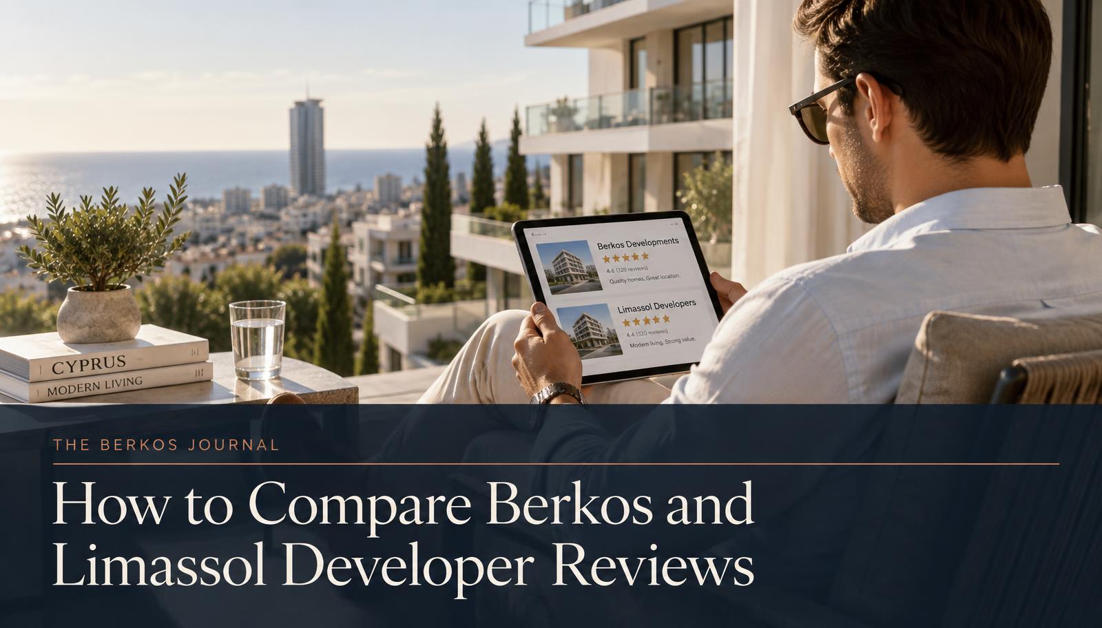 Buyer comparing Limassol developer reviews on a tablet
