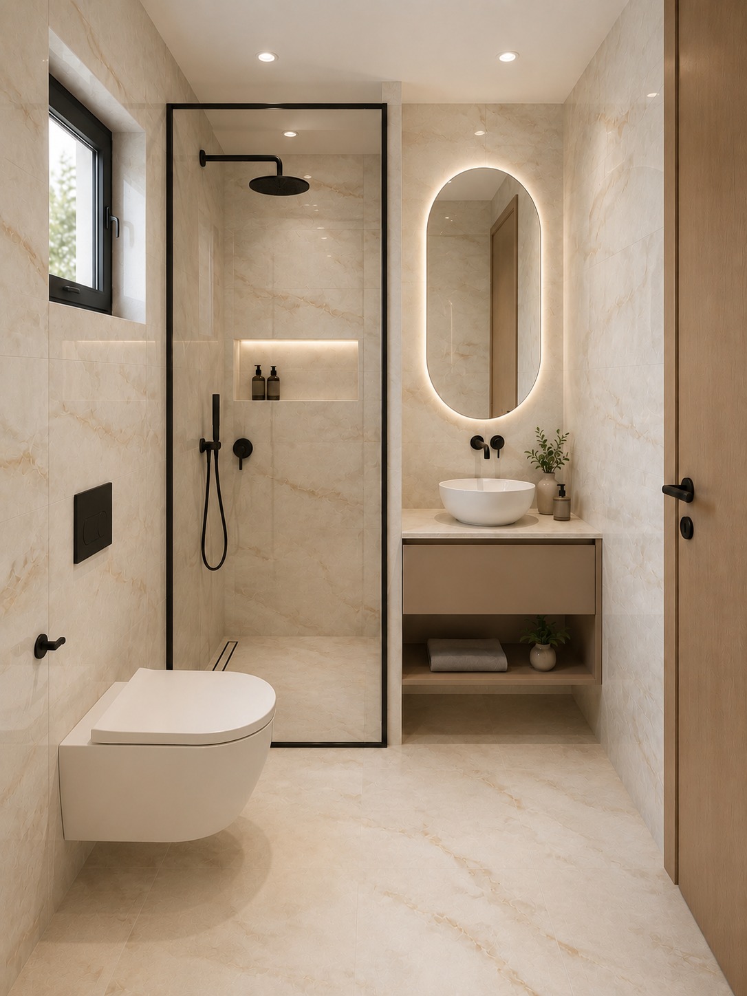 Marble finished bathroom render with walk in shower at ELOS II Residences
