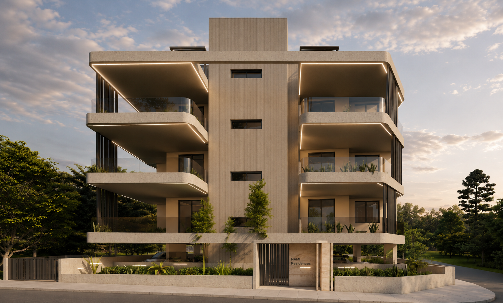 Front elevation render of NAMI Residences at dusk