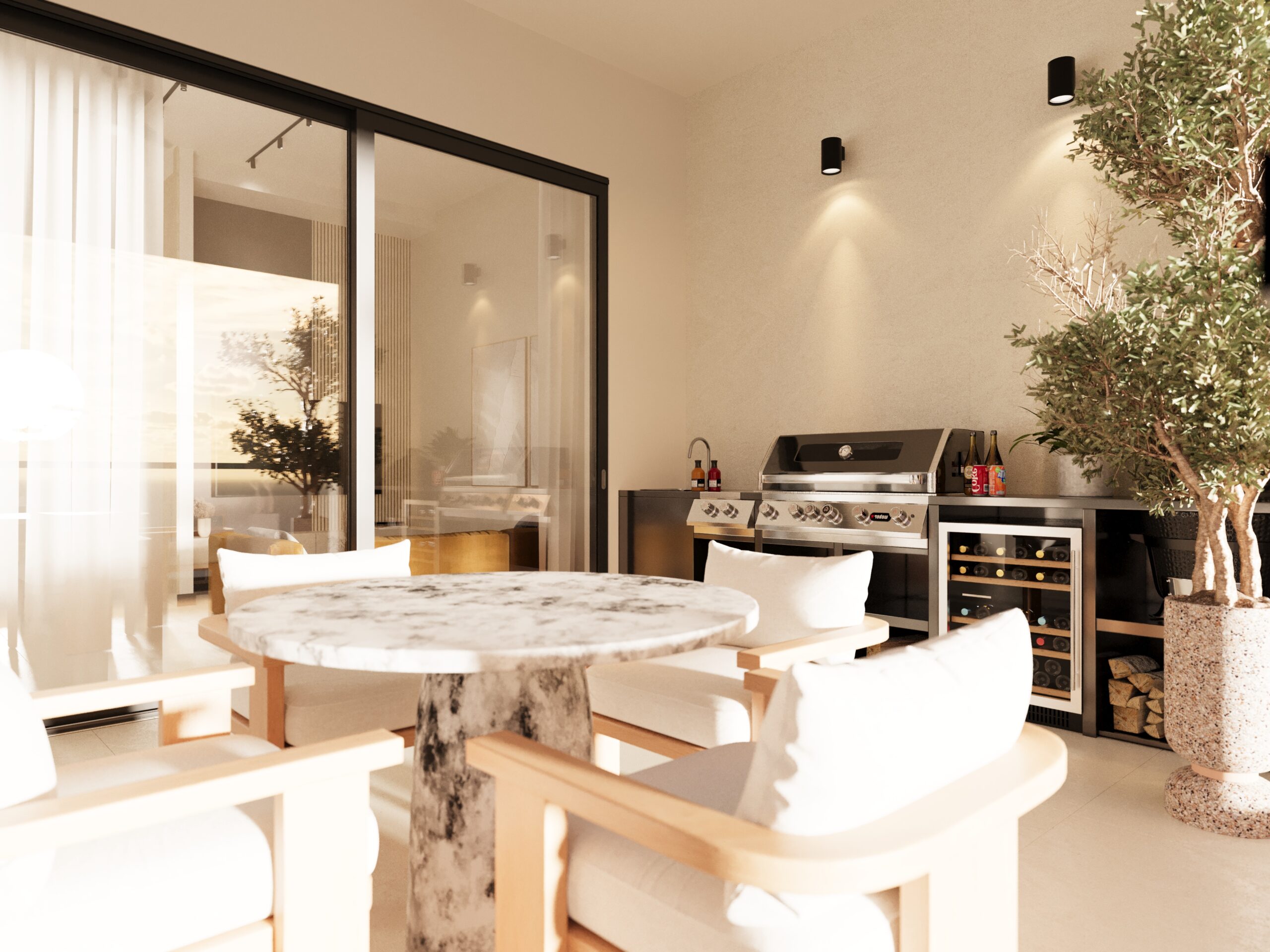 Covered veranda render with dining and barbecue area at ELOS Residences
