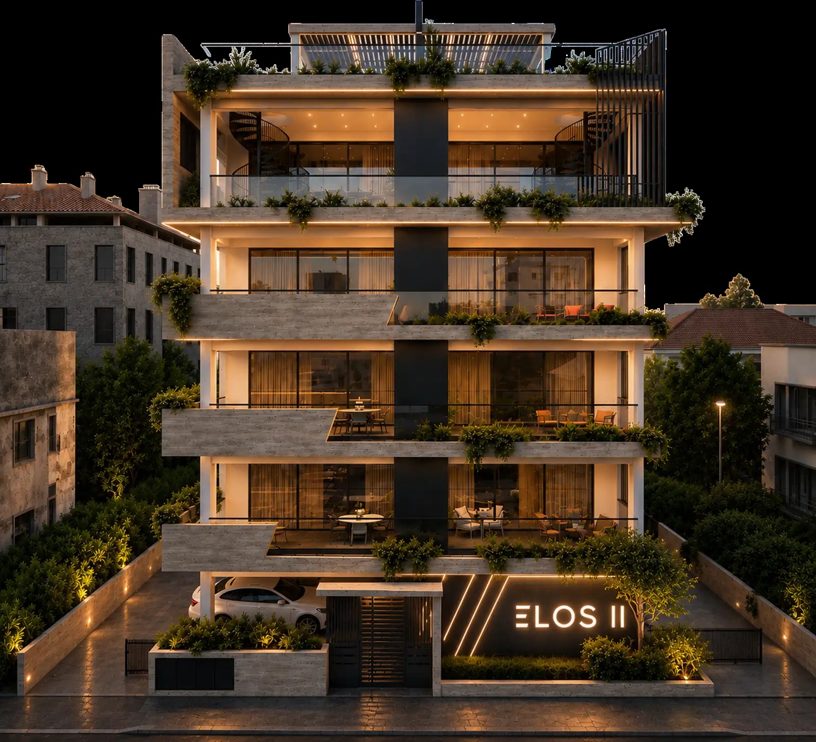 Front elevation render of ELOS II Residences with planted verandas