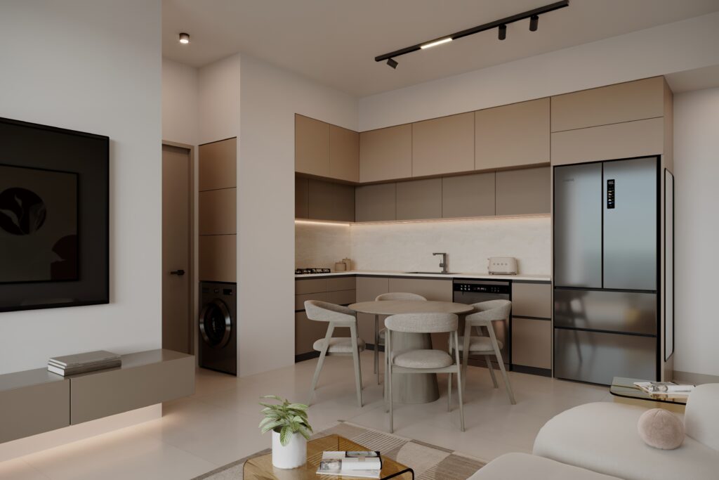 Living room render at ÁURA Residences