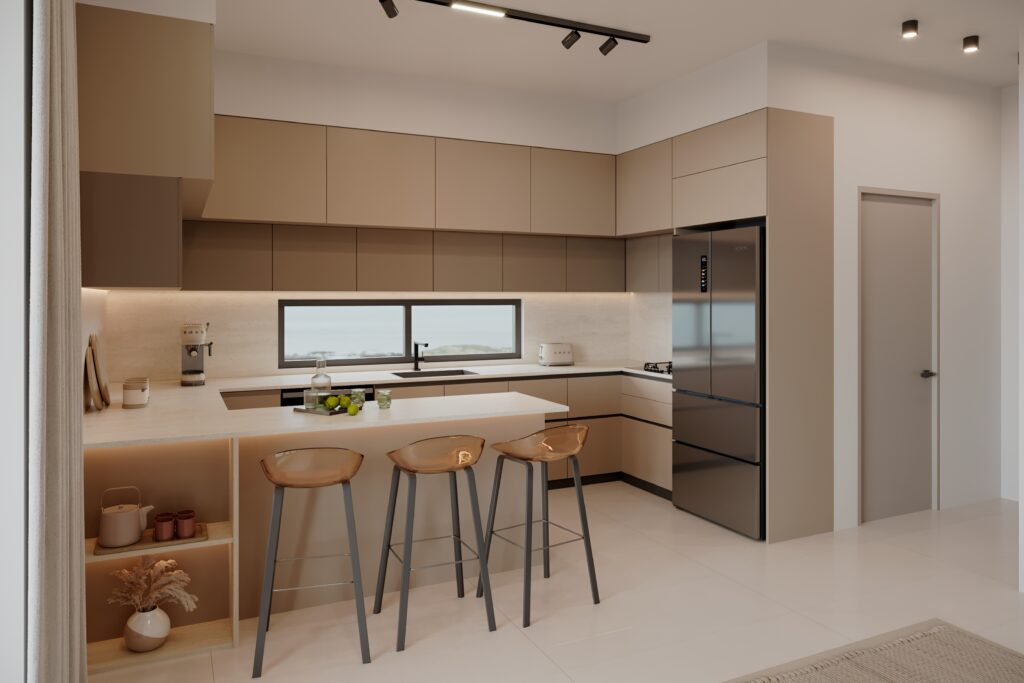 Living and dining area render at ÁURA Residences