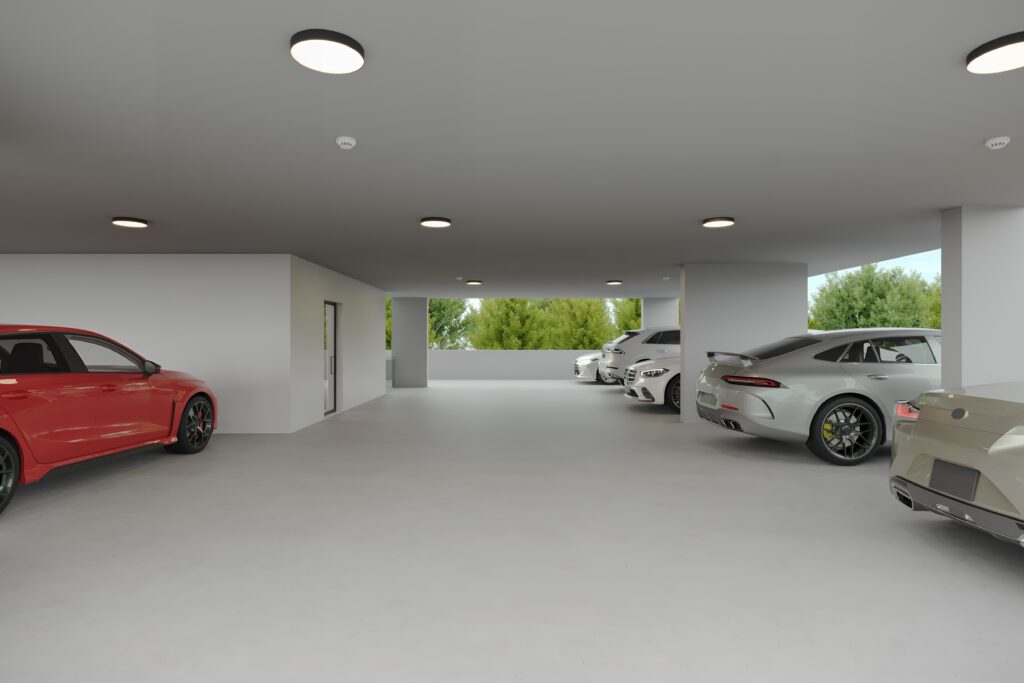 Covered parking render at ÁURA Residences