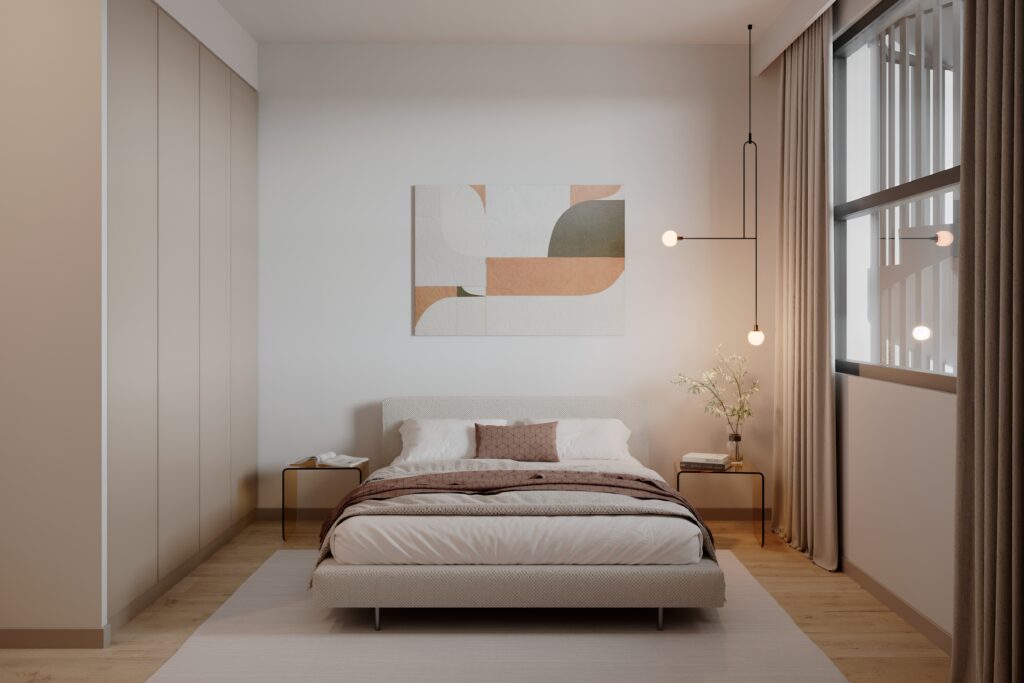 Second bedroom render with desk at ÁURA Residences