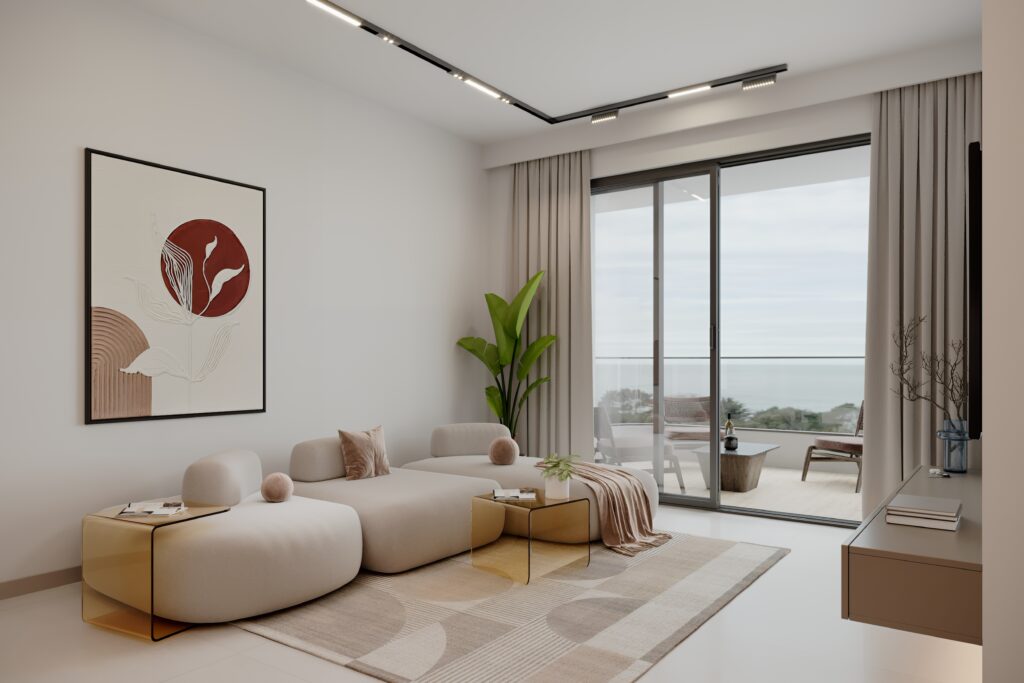 Living area render with veranda access at ÁURA Residences