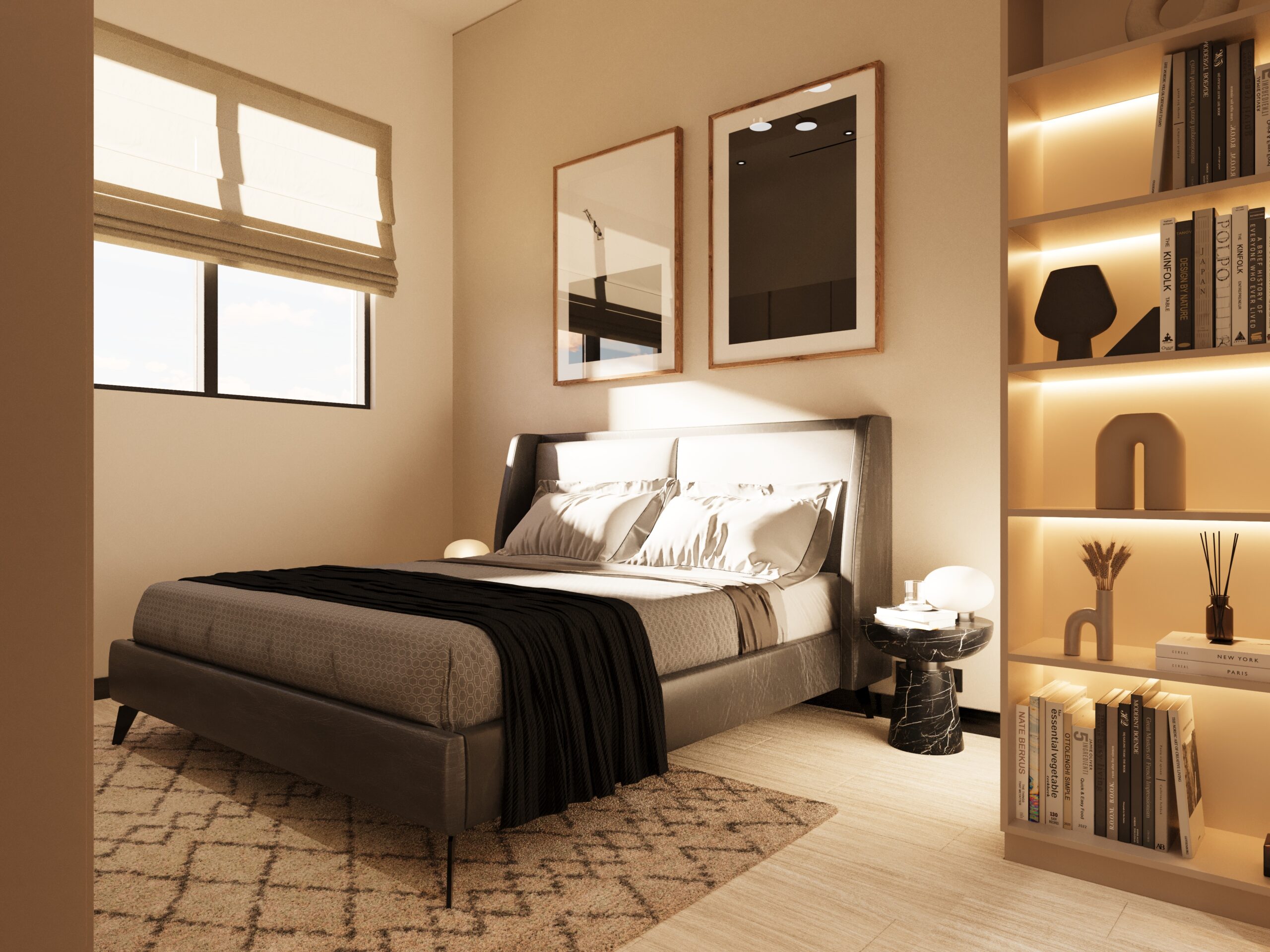 Bedroom interior render with built in shelving at ELOS Residences