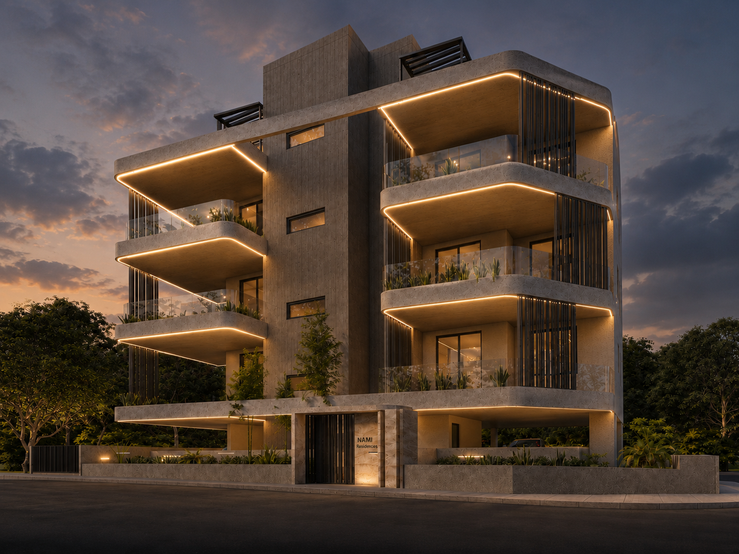 Evening exterior render of NAMI Residences with illuminated verandas