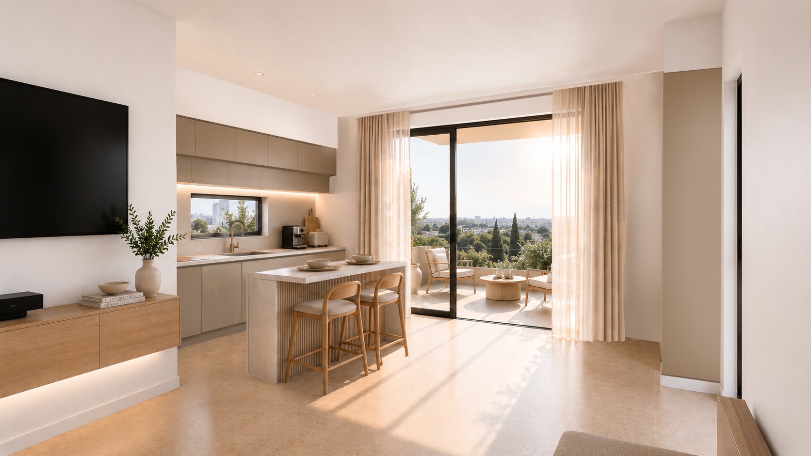 Open plan living area and kitchen render at ELOS II Residences