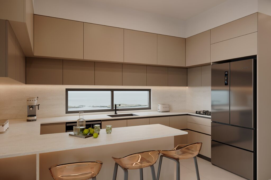 Living space render towards the kitchen at ÁURA Residences