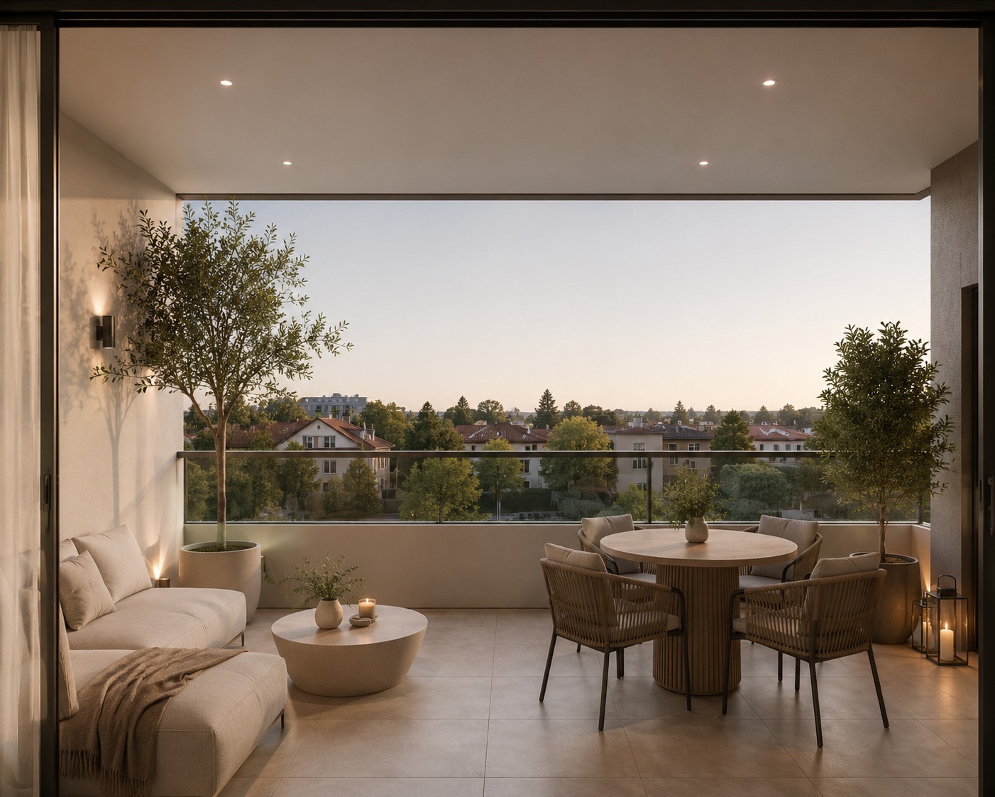 Covered veranda render with seating and sunset view at ELOS II Residences