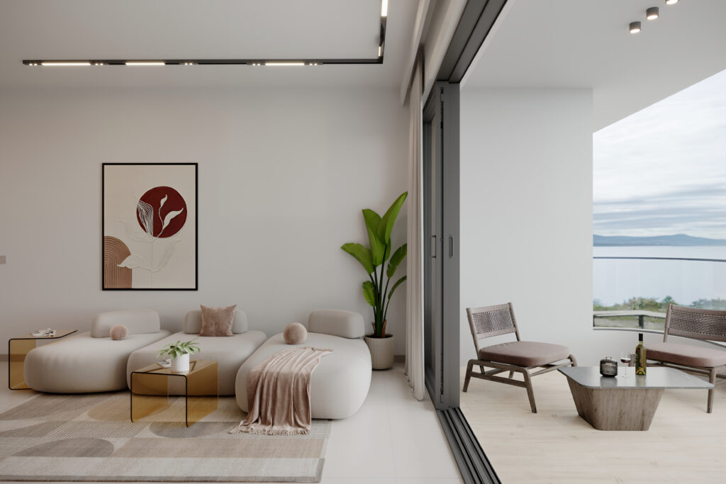 Living and dining render at ÁURA Residences