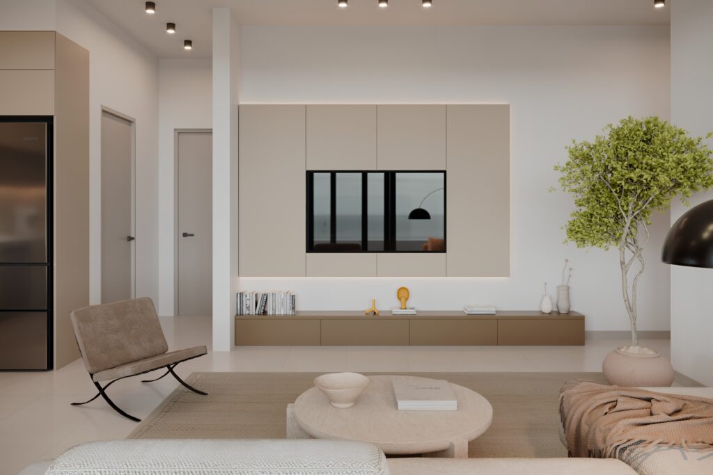 Living area render at ÁURA Residences