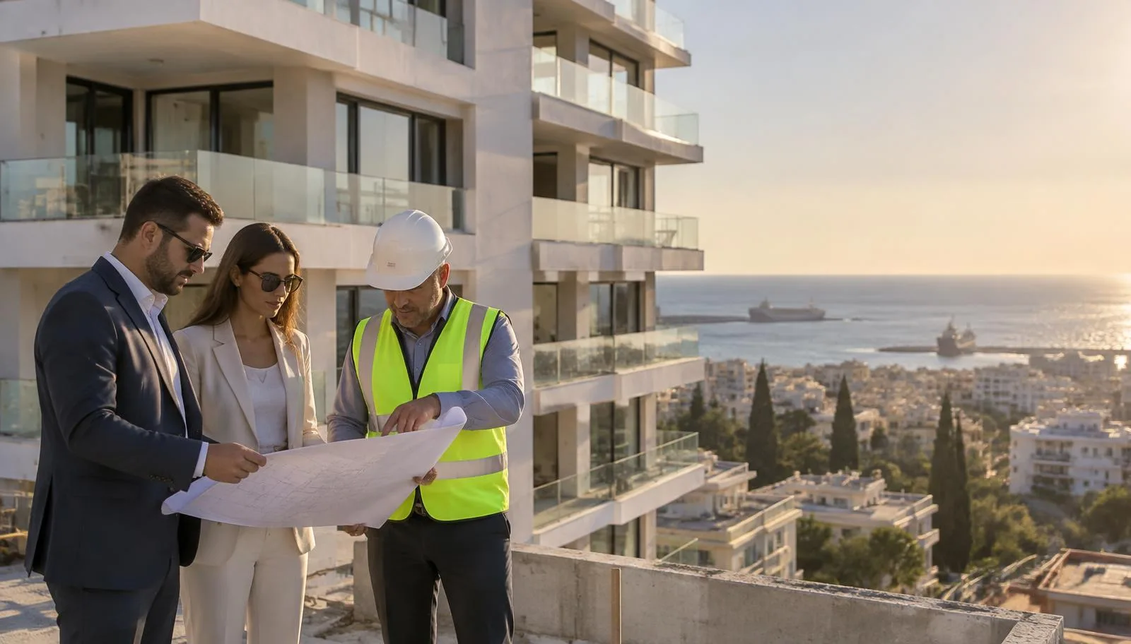 Buyers reviewing plans with a site manager at a new apartment building in Limassol