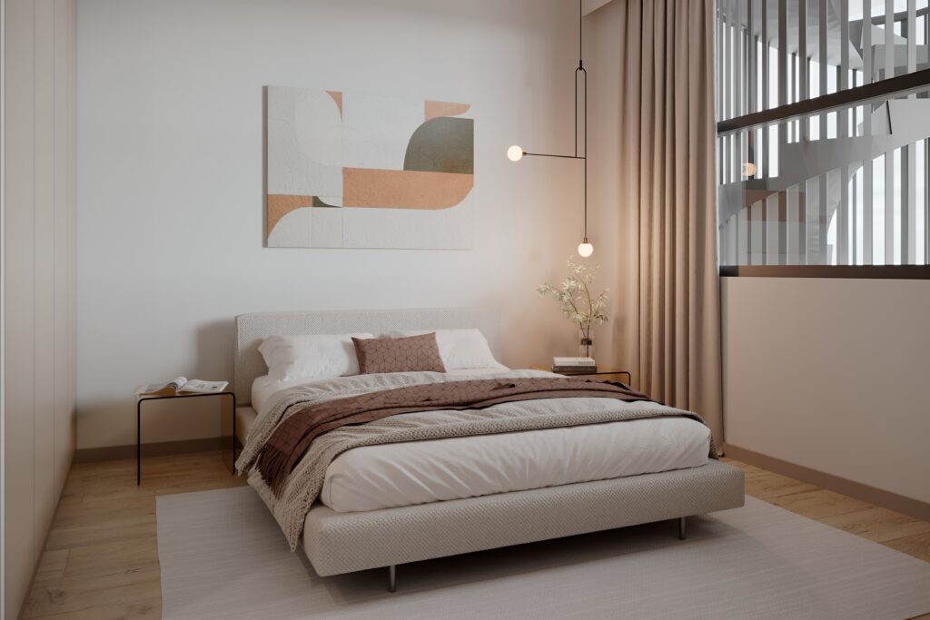 Second bedroom render at ÁURA Residences