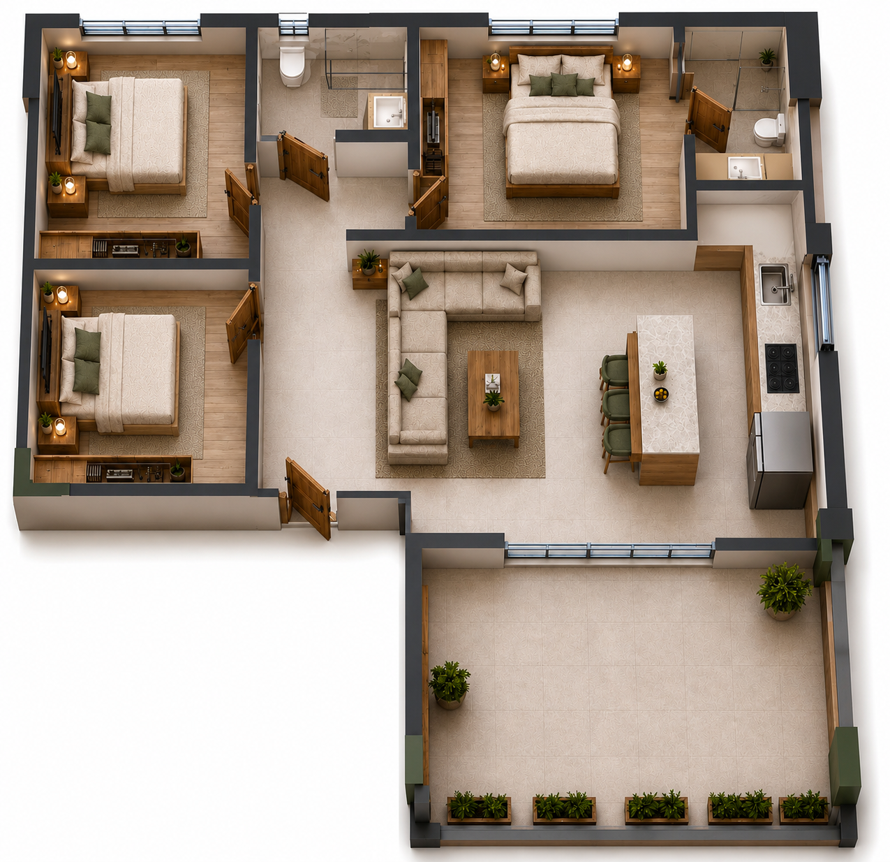 Floor plan of the 3 bedroom penthouse at ELOS II Residences