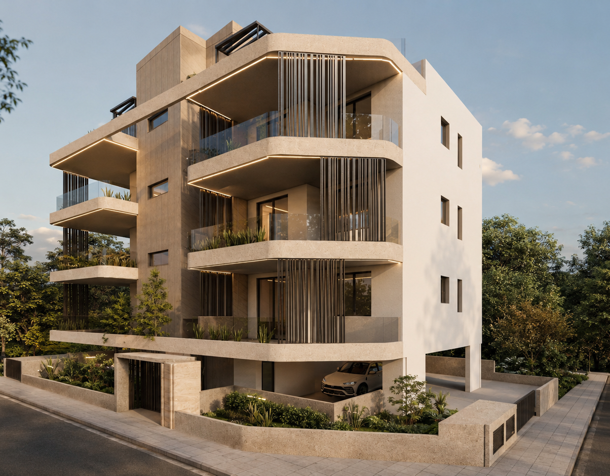 Corner exterior render of NAMI Residences in daylight