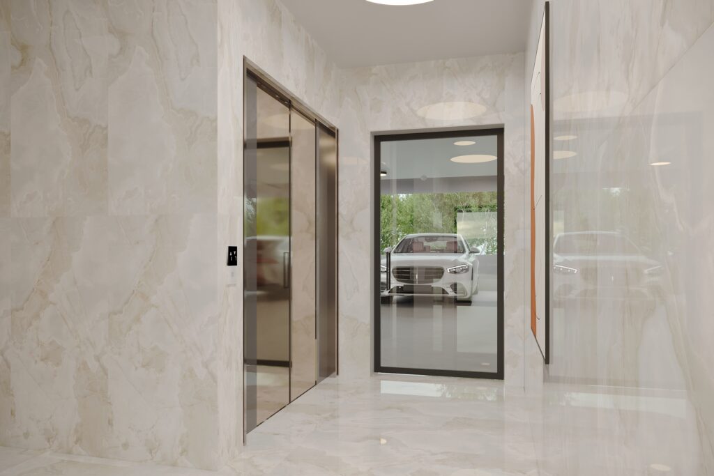 Lobby and circulation render at ÁURA Residences