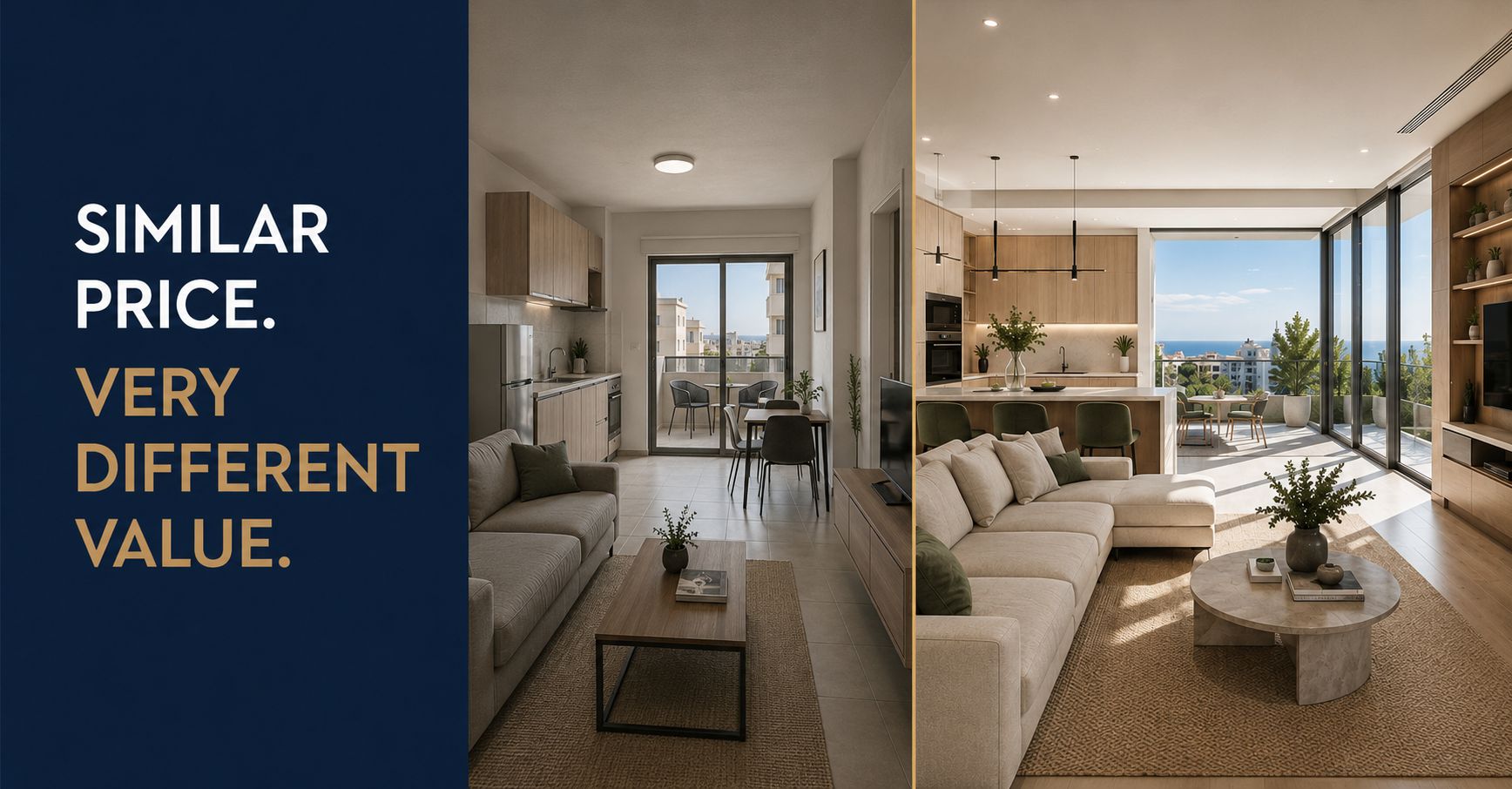 Two apartments at a similar price with very different value: a standard unit beside a premium open-plan interior with sea view
